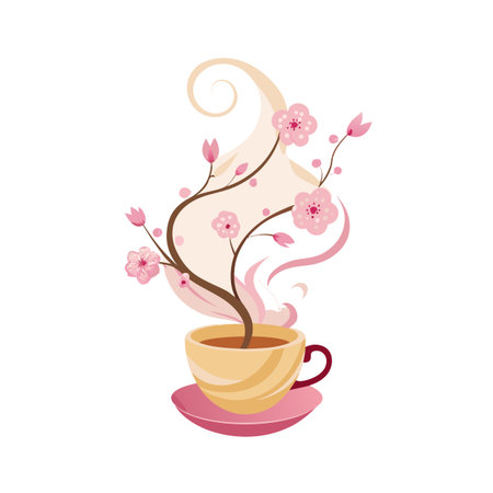 Floral Tea Cup Illustration with Cherry Blossoms and Swirling Steam Designのイラスト素材