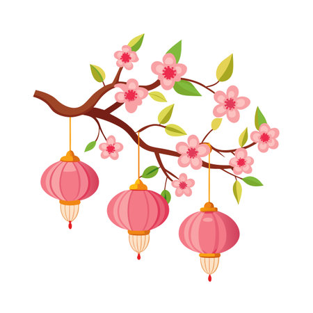 Blooming Cherry Blossoms with Festive Lanterns: A Symbol of Spring and Celebrationのイラスト素材