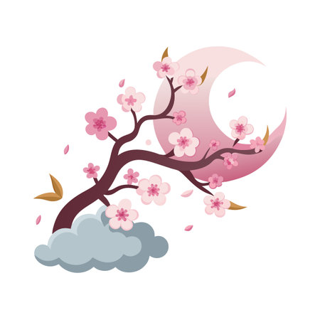 Cherry Blossoms with Crescent Moon and Cloud in Flat Vector Illustrationのイラスト素材