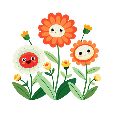 Illustration of playful flowers with faces on a white background, ideal for spring seasonのイラスト素材