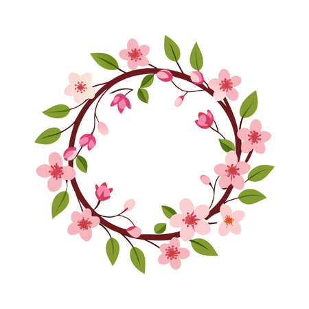 Delicate Pink Cherry Blossom Wreath with Green Leaves on a White Backgroundのイラスト素材