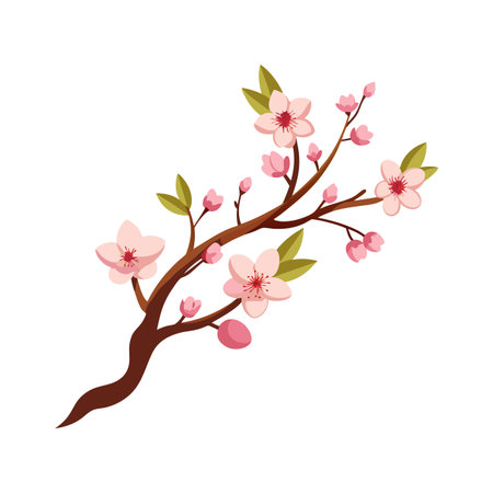 Stylized Cherry Blossom Branch with Pink Flowers and Green Leaves on White Backgroundのイラスト素材
