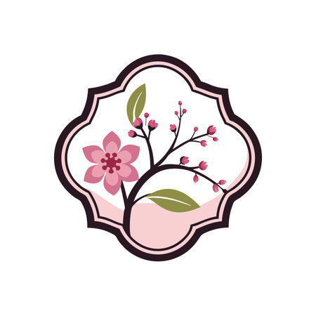 Elegant floral emblem with pink blossoms on a branch inside a decorative frameのイラスト素材