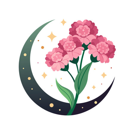 Floral Crescent Moon Illustration with Pink Flowers and Shining Stars on White Backgroundのイラスト素材