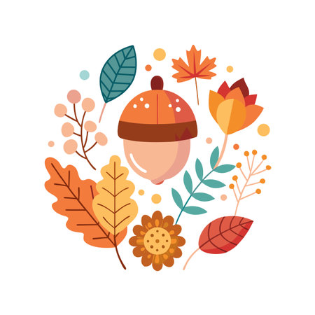 Autumn circle of colorful seasonal leaves, acorns and flowers isolated on a white backgroundのイラスト素材