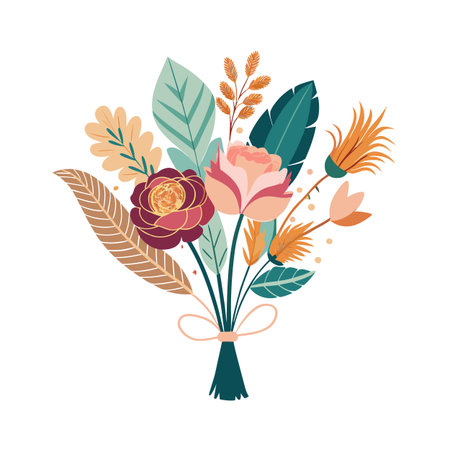 Elegant floral bouquet illustration with roses, leaves, and a decorative ribbon on white backdropのイラスト素材