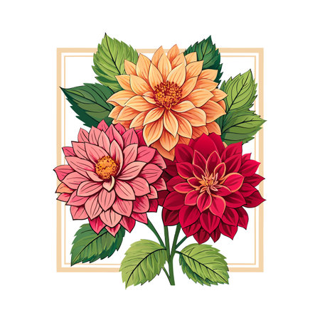 Elegant floral arrangement featuring three dahlias within a square frame on a white backgroundのイラスト素材