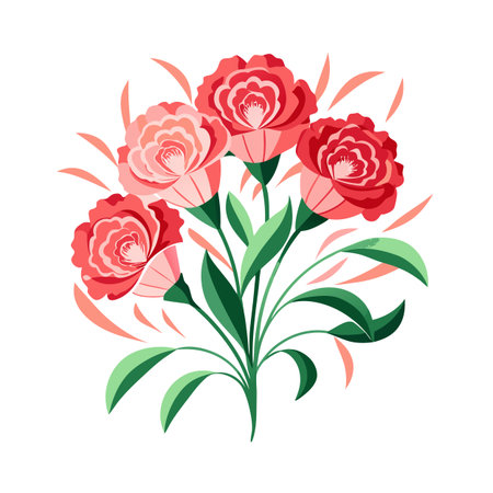 Decorative Floral Bouquet Illustration with Red Roses and Green Leaves on White Backgroundのイラスト素材