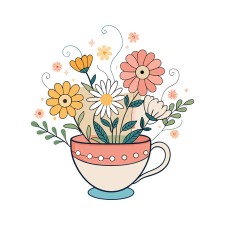 A vibrant bouquet of stylized flowers arranged in a decorative teacup illustrationのイラスト素材