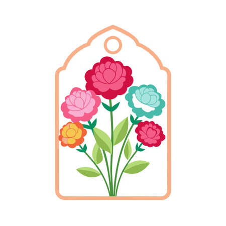 Stylized bouquet of colorful flowers inside decorative tag shape on a white backgroundのイラスト素材