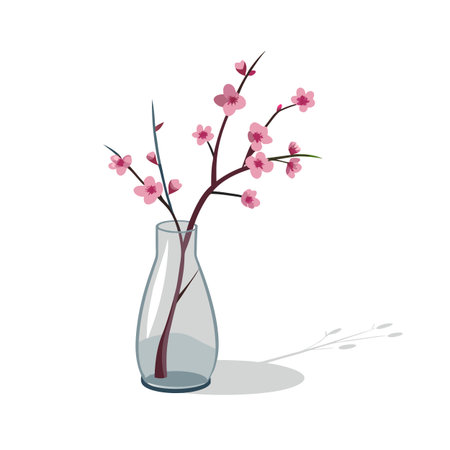 Stylized cherry blossom branches in clear glass vase, casting shadow on white backgroundのイラスト素材
