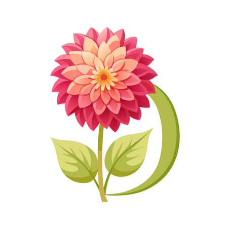 Elegant Dahlia Flower Illustration with Delicate Petals and Lush Green Foliage on White Backgroundのイラスト素材