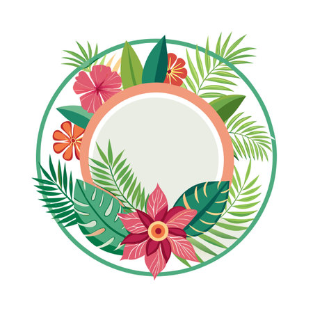 Tropical floral frame with blank space for text, featuring stylized exotic flowers and leavesのイラスト素材