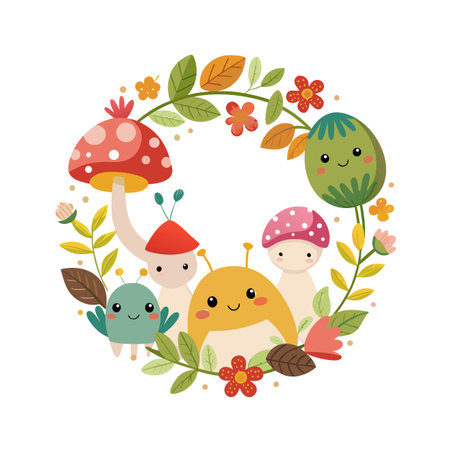 A delightful wreath of cartoon characters, flowers, and leaves on a white background.のイラスト素材