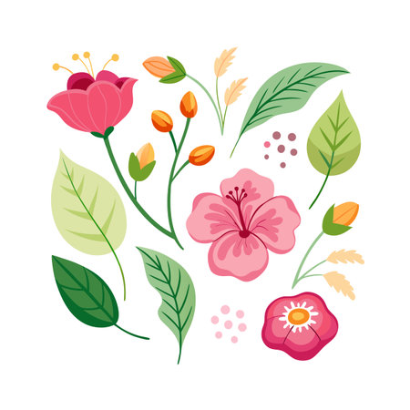 Delicate Floral Arrangement with Pink Flowers and Green Leaves on White Backgroundのイラスト素材