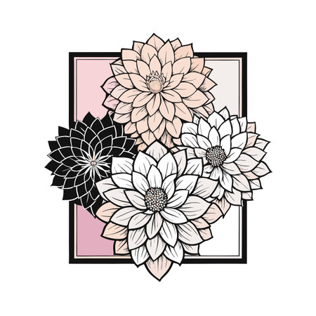 Elegant floral design with dahlia flowers in soft colors and a geometric frameのイラスト素材