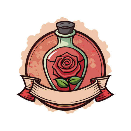Vintage Potion Bottle with Red Rose, Ornamental Banner, and Textured Background Designのイラスト素材