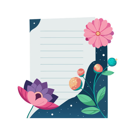 Floral decoration with notepad design featuring pink, purple, and orange flowers on blue backgroundのイラスト素材