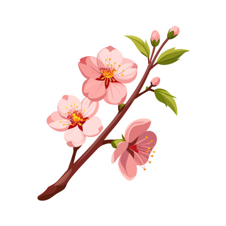 Elegant Cherry Blossom Branch Illustration with Pink Petals and Green Leaves on White Backgroundのイラスト素材