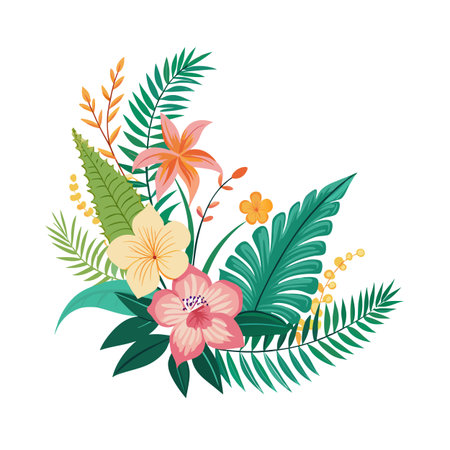 Vibrant Tropical Floral Arrangement with Palm Leaves, Hibiscus Flowers, and Exotic Foliageのイラスト素材