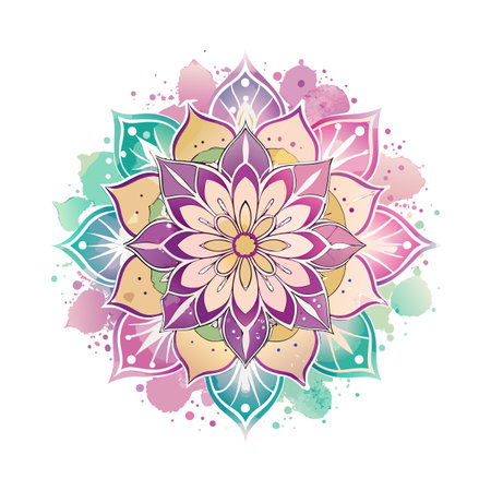Watercolor Mandala Design with Purple, Teal and Pink Splashes Against a White Backgroundのイラスト素材
