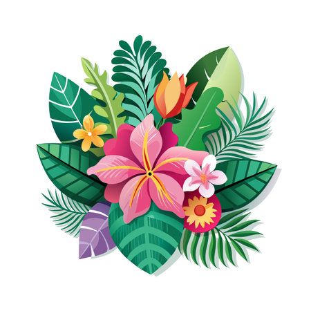 Vibrant tropical floral arrangement with bold colors and graphic style on a white backgroundのイラスト素材