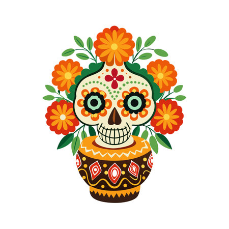 Day of the Dead skull in a decorated pot, surrounded by orange flowersのイラスト素材