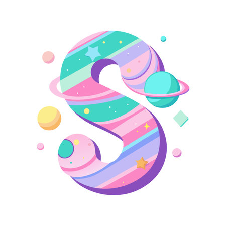 Letter S with pastel stripes, planets and stars, fun space themed illustrationのイラスト素材