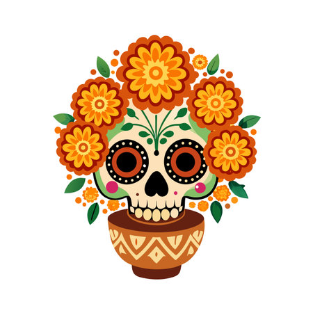 Day of the Dead Sugar Skull with Marigolds in a Brown Vase Illustrationのイラスト素材