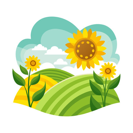 Stylized sunflower field with rolling hills and cloudy sky in a simple, flat designのイラスト素材