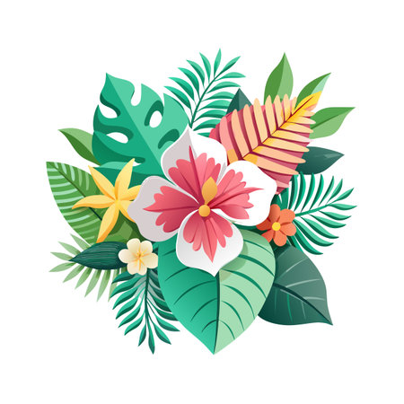 Tropical flower and foliage arrangement with lush green leaves and a white background.のイラスト素材