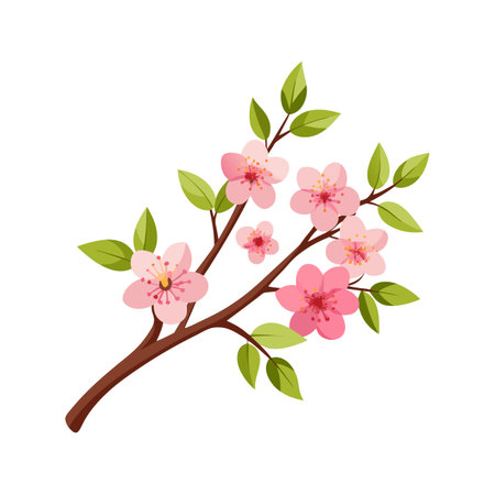 Vector Illustration of a Flowering Cherry Branch with Blossoms and Green Leavesのイラスト素材