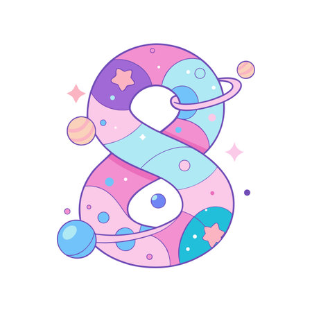 Number Eight with Space Theme, Pastel Colors, Planets and Stars Cartoon Illustrationのイラスト素材