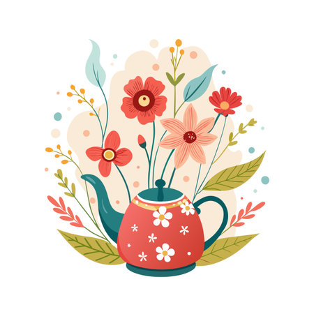 Teapot Still Life: A Delicate Arrangement of Flowers and Foliage in a Decorative Containerのイラスト素材