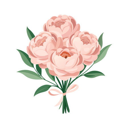 Elegant bouquet of pastel pink peonies with green foliage and soft bow accentのイラスト素材