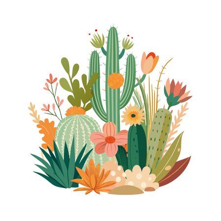 Desert Oasis: A Vibrant Flat Illustration of Cacti and Floral Arrangement on Whiteのイラスト素材