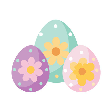 Three decorative Easter eggs with pastel colors and floral designs on white backgroundのイラスト素材