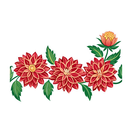 Ornamental floral arrangement featuring dahlia flowers with leaves and stems in red and green color paletteのイラスト素材