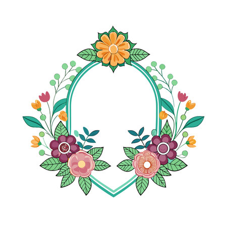 Floral frame vector illustration with colorful flowers, leaves, and an empty frame in the center.のイラスト素材