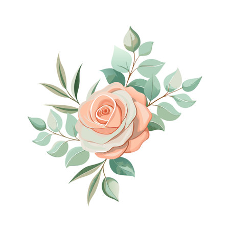 Elegant peach rose with surrounding muted green foliage on a white backgroundのイラスト素材