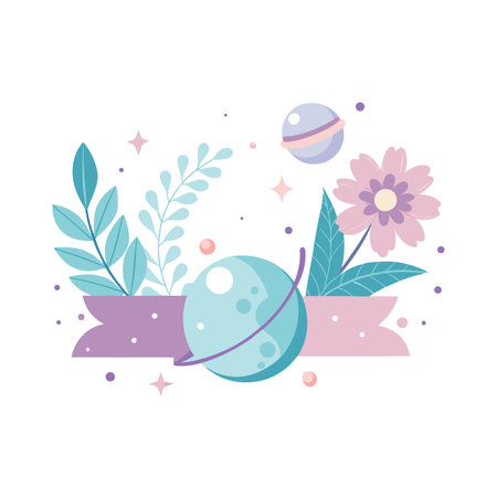 Flat Vector Illustration of Floral Decoration with Planets and Ribbons for Design Elementsのイラスト素材