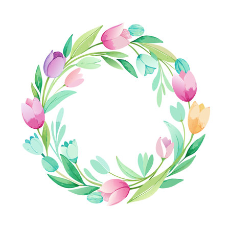 Watercolor Tulip Wreath with Pastel Colors, Perfect for Spring and Easter Designsのイラスト素材