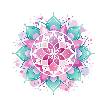 Watercolor Mandala Design with Floral Elements in Pastel Pink and Turquoise Colorsのイラスト素材