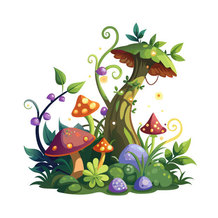 Whimsical Mushroom Garden with Magical Elements for Children's Illustration and Fantasy Artのイラスト素材