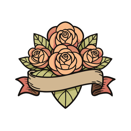 Retro Style Peach Rose Bouquet with Banner Illustration for Tattoo Designのイラスト素材