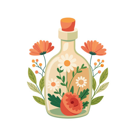 Stylized Bottle with Floral Composition: Illustration of Natural Beauty and Inner Harmonyのイラスト素材