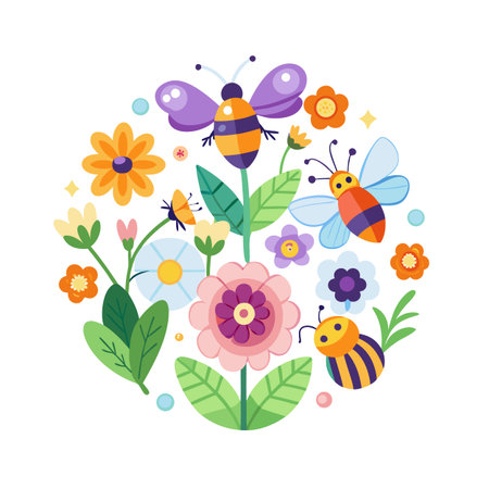 Whimsical Floral and Insect Circle Illustration with a Cheerful and Playful Vibeのイラスト素材