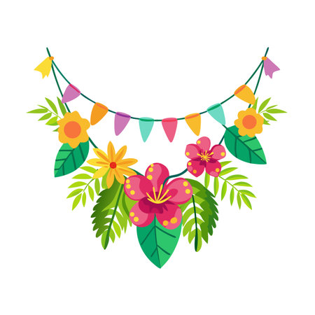 Festive Floral Garland with Colorful Pennants, Cartoon Style, Isolated on Whiteのイラスト素材