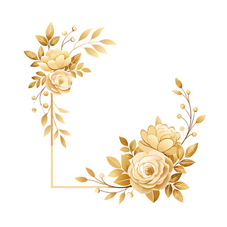 Golden floral frame with roses and leaves on a white background. Vector design element.のイラスト素材