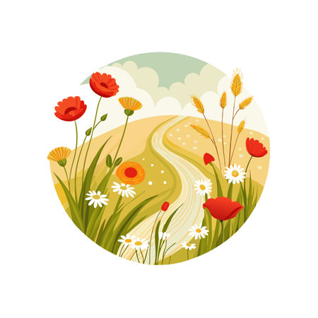 Floral Meadow Landscape Illustration with Road in Oval Frame, Summer Flowers and Wheatのイラスト素材